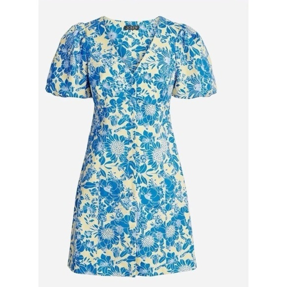 NWT J.Crew Mini‎ Dress SZ 22 Button front puff sleeve Blue floral Twill Spring